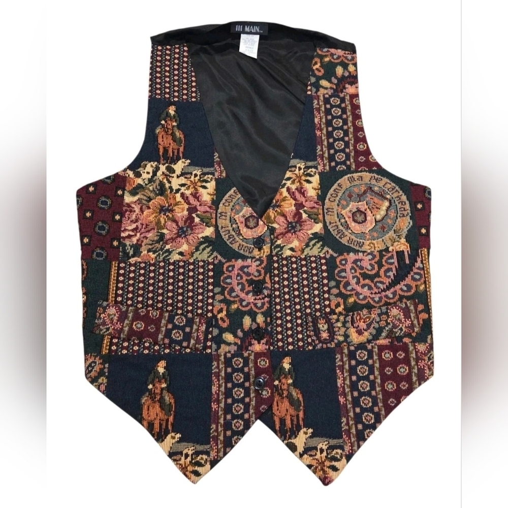 Vtg 111 Main Tapestry Vest Equestrian Horse Faux Pocket Floral Paisley Women S/M